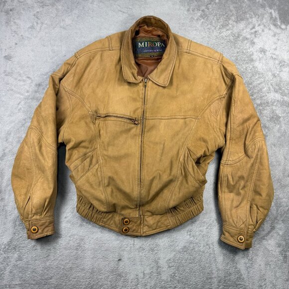 Vintage Miropa Leather Bomber Jacket Tan Distressed 90s Retro Moto Style Mens M - Picture 1 of 13